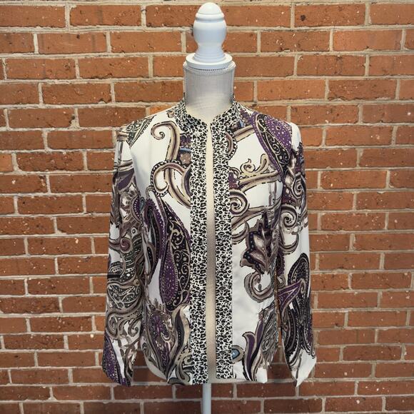 Chicos Womens Sz 0 Cardigan Blazer Purple Paisley Kaila Open Front Leopard Trim - Picture 1 of 11